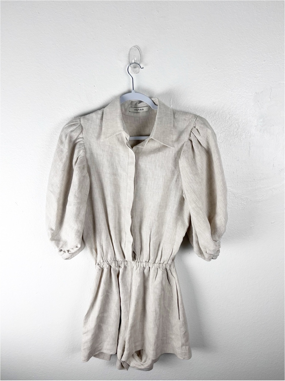 THE FEMM 100% Linen Hidden Button Puff Short Sleeves Elastic Waist Romper Medium